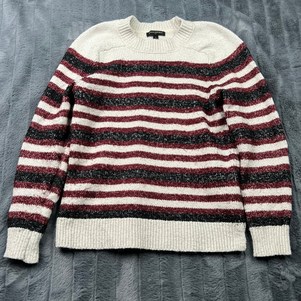 Banana Republic Striped Crew Neck Sweater Small Burgundy Black Cream Knit Top